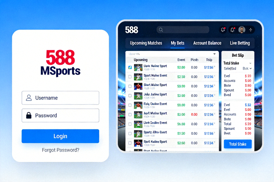 Tampilan antarmuka halaman login dan dashboard utama M88 MSports untuk taruhan olahraga